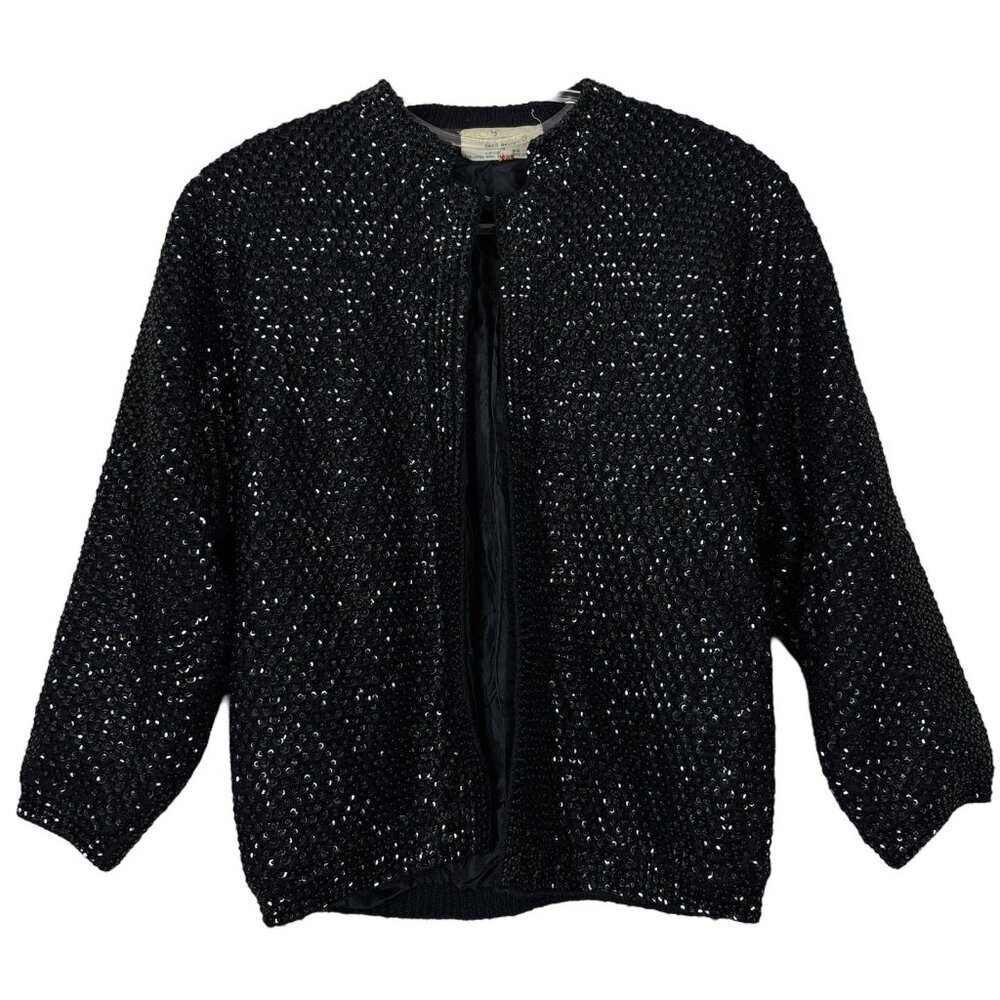 Vtg Best & Co Lambswool Angora Beaded Sequin Knit Cardigan Jacket Black Size 40